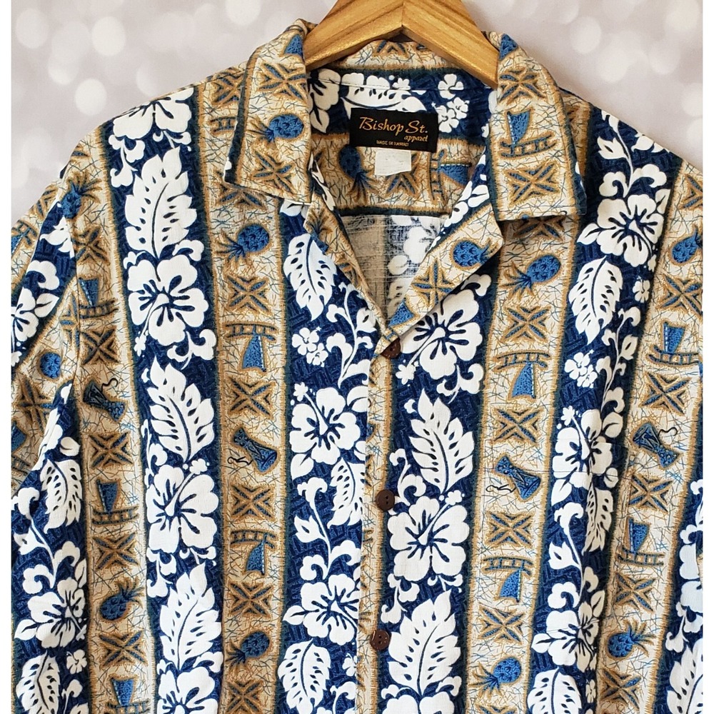 VTG Bishop St Mens Barkcloth Hawaiian Shirt XL Blue White Brown